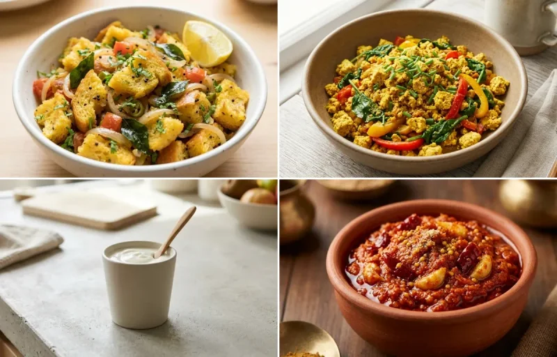 Bread Upma with Tofu Scramble, Plain Yogurt Cup and Garlic Chutney