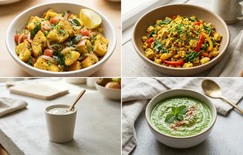 Bread Upma with Tofu Scramble, Plain Yogurt Cup and Mint Yogurt Chutney
