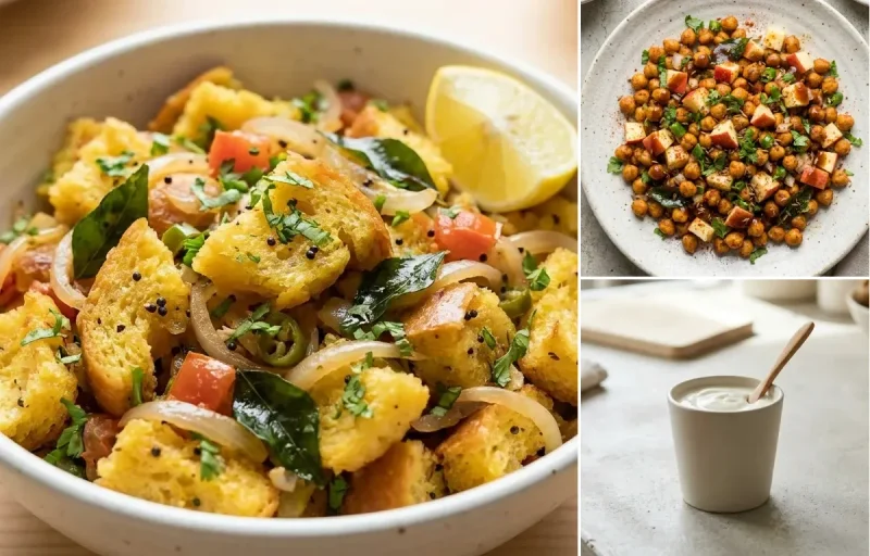 Bread Upma with Tomato Garlic Chutney, Roasted Chana With Apple and Plain Yogurt Cup