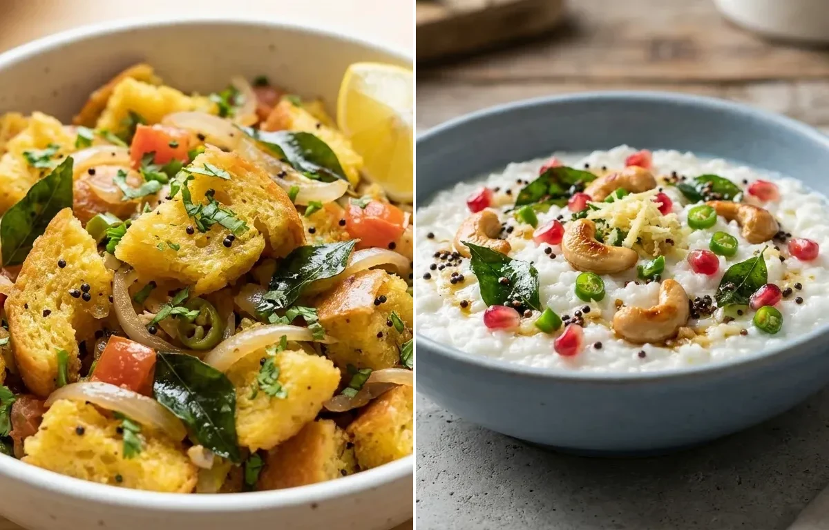 Bread Upma with Two Boiled Eggs, Mint Coriander Chutney No-Salt, Orange Segments and Curd Rice Snack Bowl