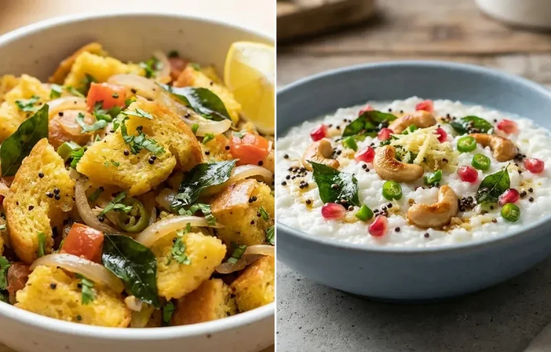 Bread Upma with Two Boiled Eggs, Mint Coriander Chutney No-Salt, Orange Segments and Curd Rice Snack Bowl