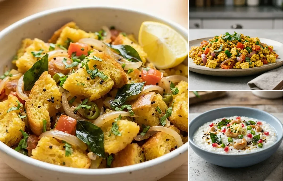 Bread Upma with Vegan Tofu Bhurji, Cilantro Coconut Chutney and Curd Rice Snack Bowl