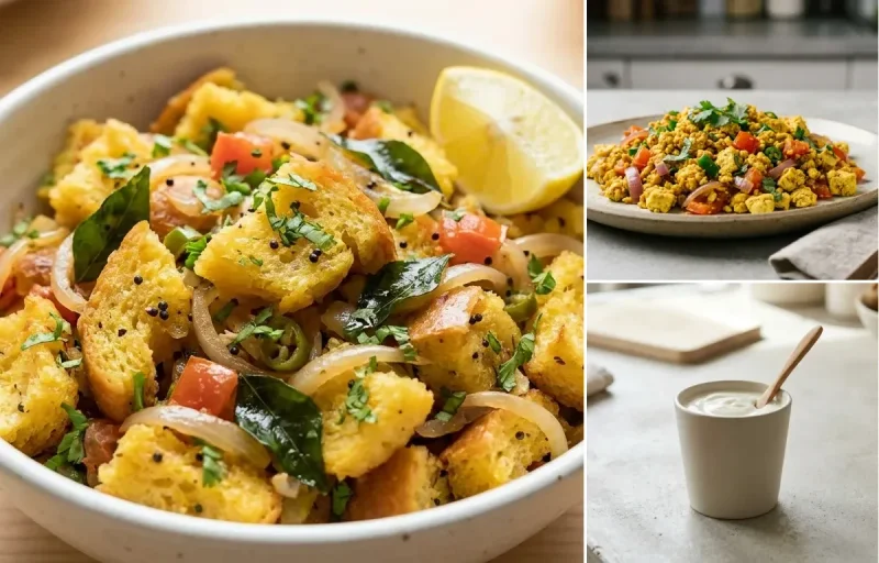 Bread Upma with Vegan Tofu Bhurji, Cucumber Chaat, Plain Yogurt Cup and Mint Coriander Chutney No-Salt