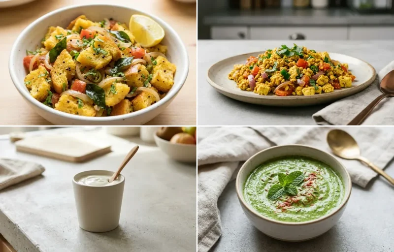 Bread Upma with Vegan Tofu Bhurji, Plain Yogurt Cup and Mint Yogurt Chutney