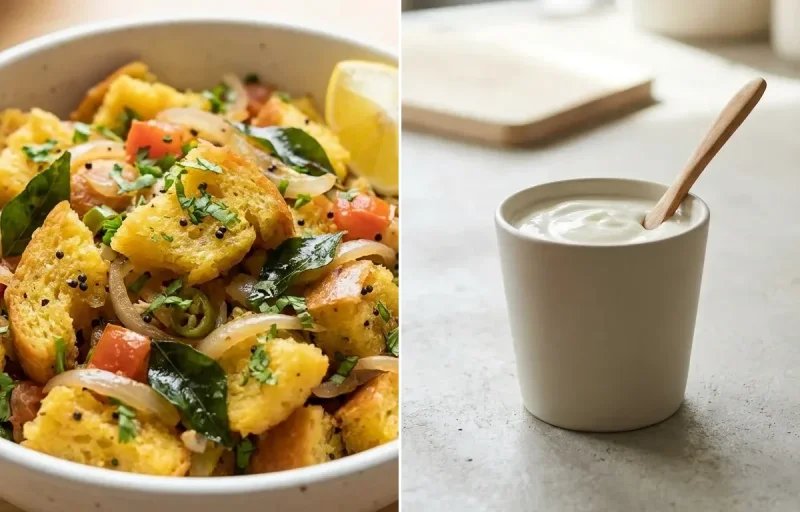 Bread Upma with Yogurt With Fruit, Plain Yogurt Cup and Mint Coriander Chutney No-Salt