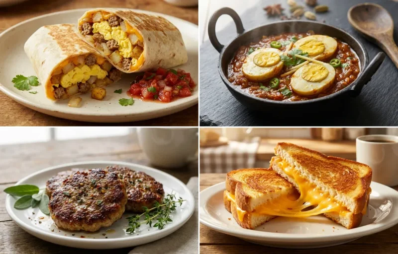 Breakfast Burrito with Egg Masala Fry, Breakfast Sausage Patties, Grilled Cheese and Mashed Potatoes