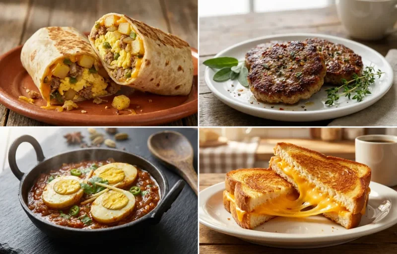 Breakfast Burrito with Green Chile with Breakfast Sausage Patties, Egg Masala Fry and Grilled Cheese