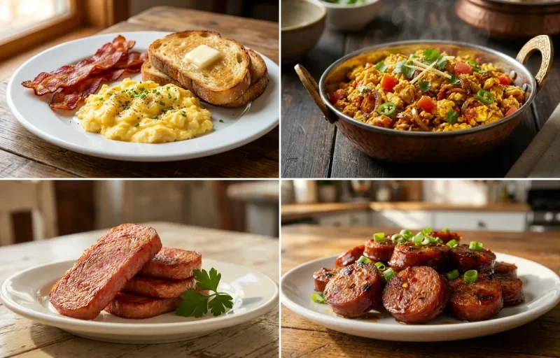 Breakfast Plate with Anda Bhurji, Pan-Fried Spam, Hawaiian-Style Portuguese Sausage and Steamed Basmati Rice