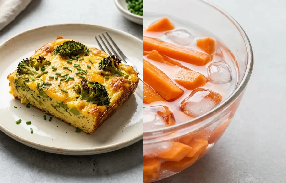 Broccoli Cheddar Egg Bake with Carrot Sticks, Cooked Quinoa Half Cup and Roasted Red Pepper Hummus