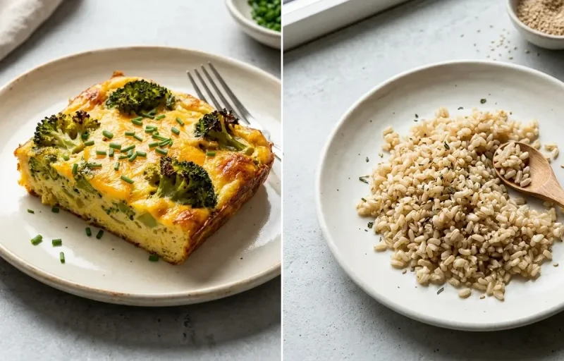 Broccoli Cheddar Egg Bake with Cooked Steamed White Rice Half Cup and Vegan Low-Ox Apple Cabbage Salad