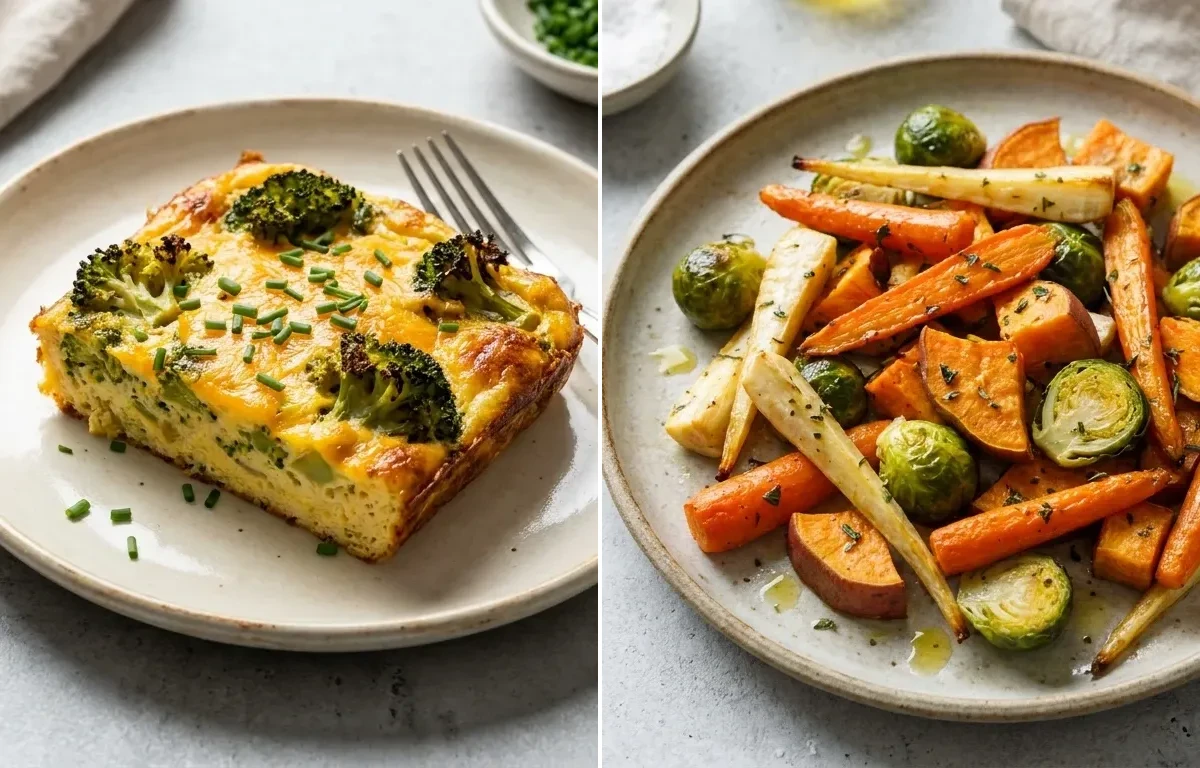 Broccoli Cheddar Egg Bake with Cooked Quinoa Half Cup and Roasted Veg