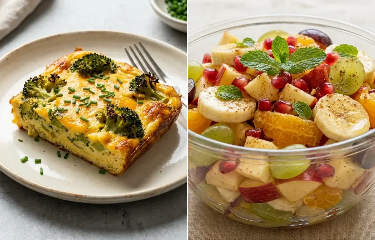 Broccoli Cheddar Egg Bake with Fruit Chaat