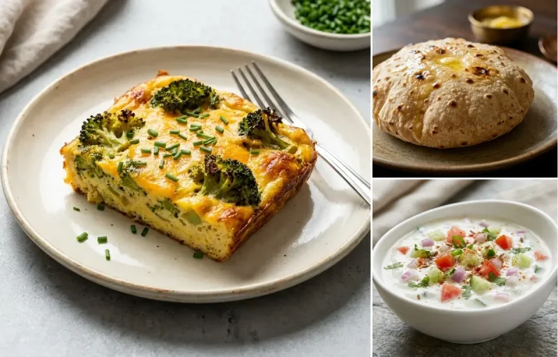 Broccoli Cheddar Egg Bake with Phulka and Kachumber Raita