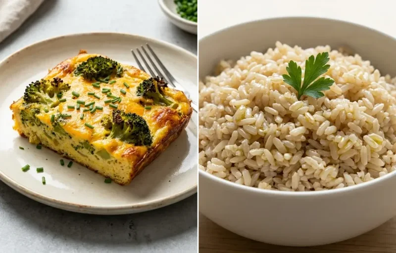 Broccoli Cheddar Egg Bake with Steamed Steamed White Rice and Vegetable Veg Stir-Fry
