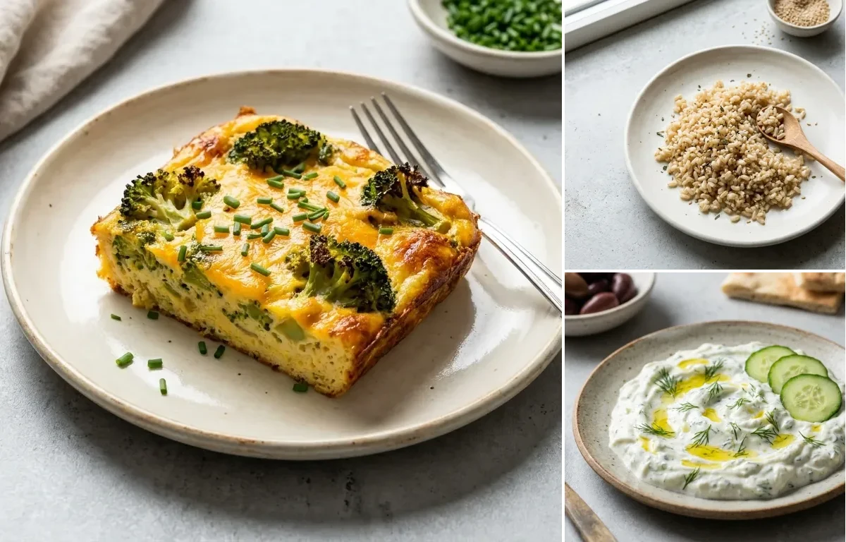 Broccoli Cheddar Egg Bake with Steamed Green Beans Cup, Cooked Steamed White Rice Half Cup and Tzatziki Sauce