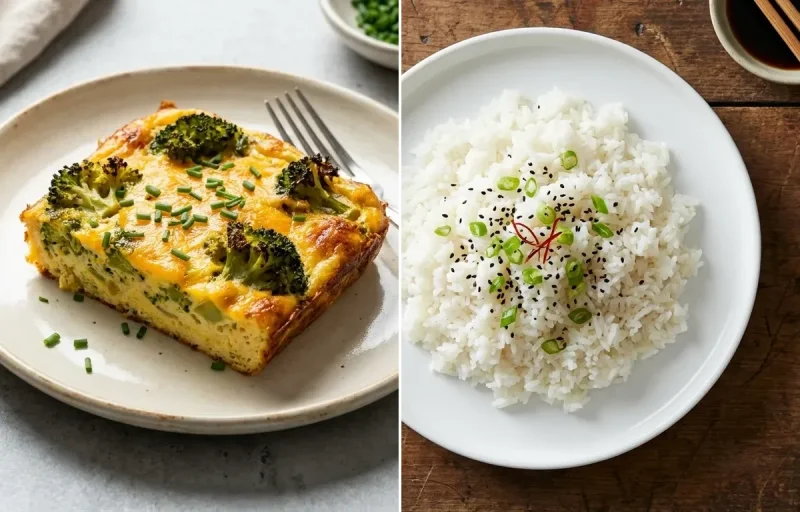 Broccoli Cheddar Egg Bake with Steamed White Rice, Roasted Red Pepper Hummus and Beet Walnut Salad