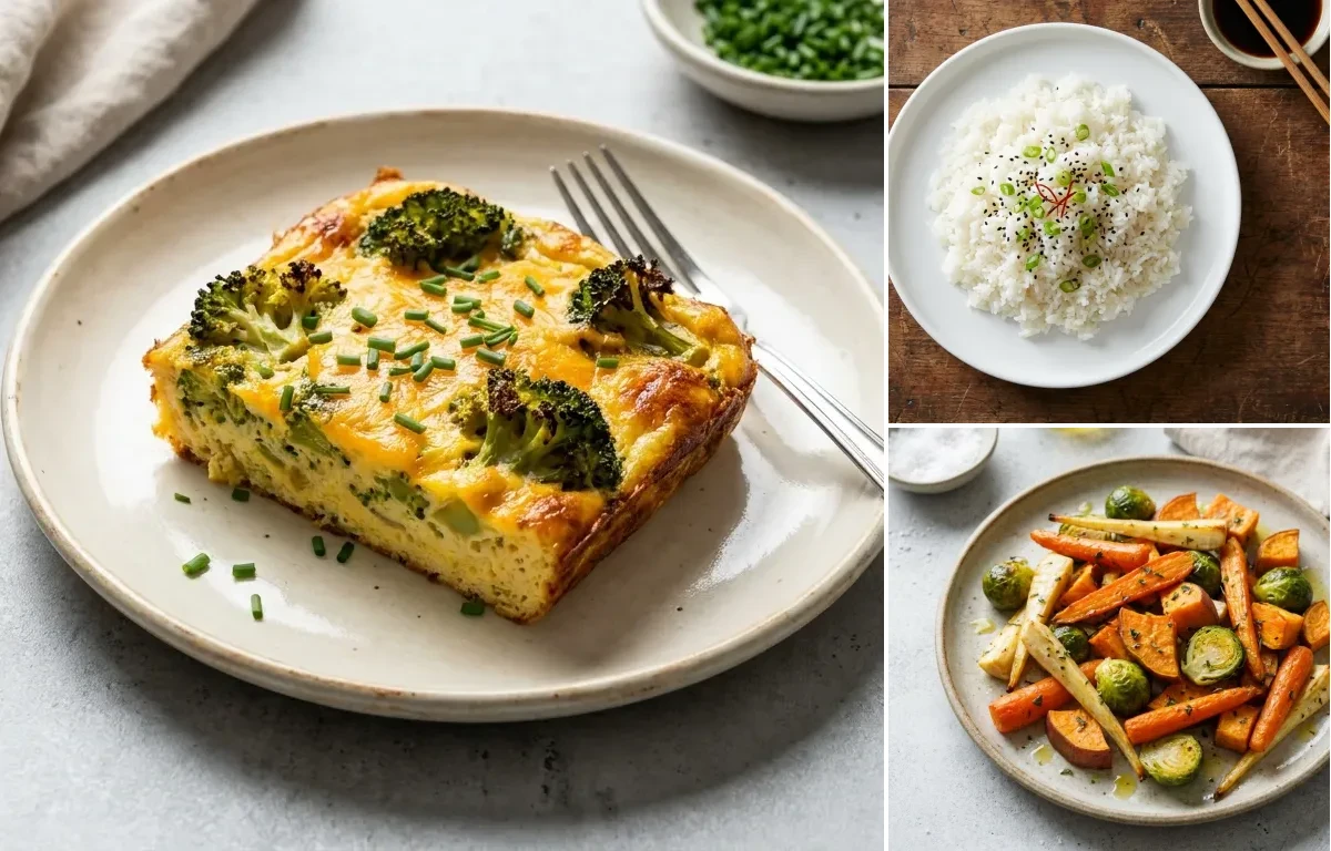 Broccoli Cheddar Egg Bake with Steamed White Rice, Roasted Veg and Yogurt With Fruit