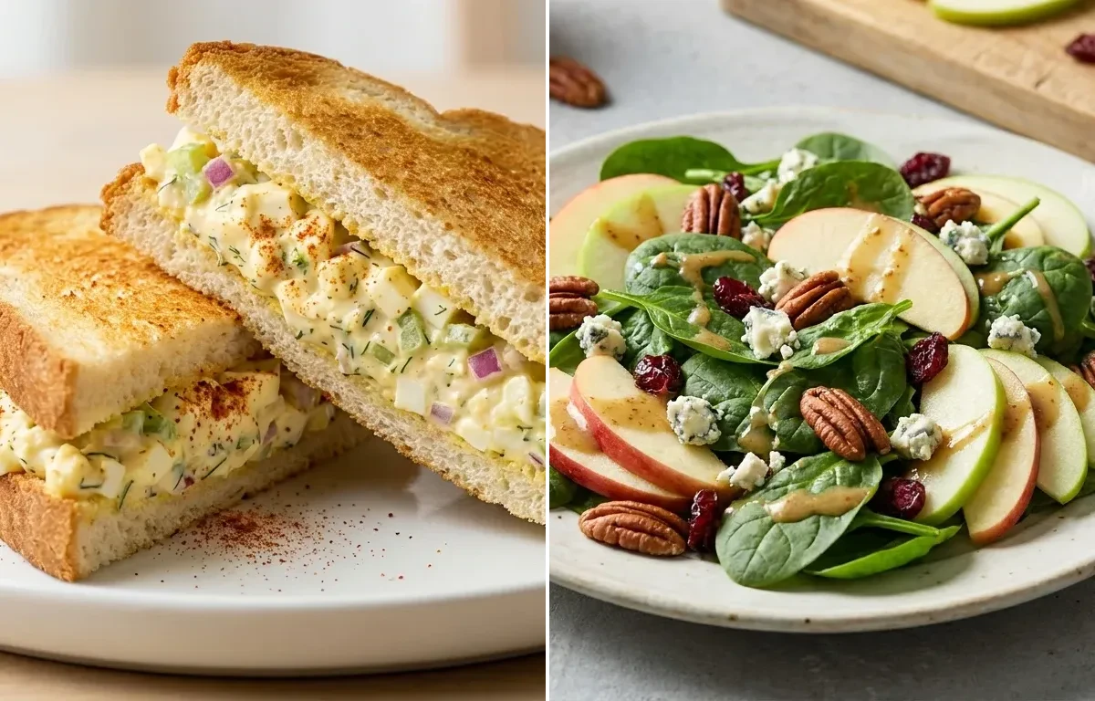 Broccoli Cheddar Protein Soup with Egg Salad Sandwich and Spinach Apple Salad