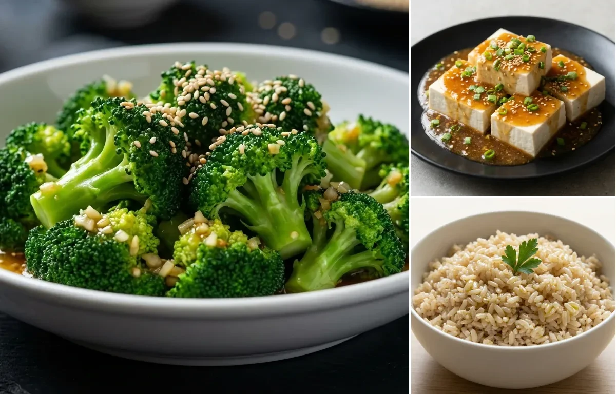 Broccoli in Garlic Sauce with Steamed Tofu with Savory Sauce and Steamed Brown Rice