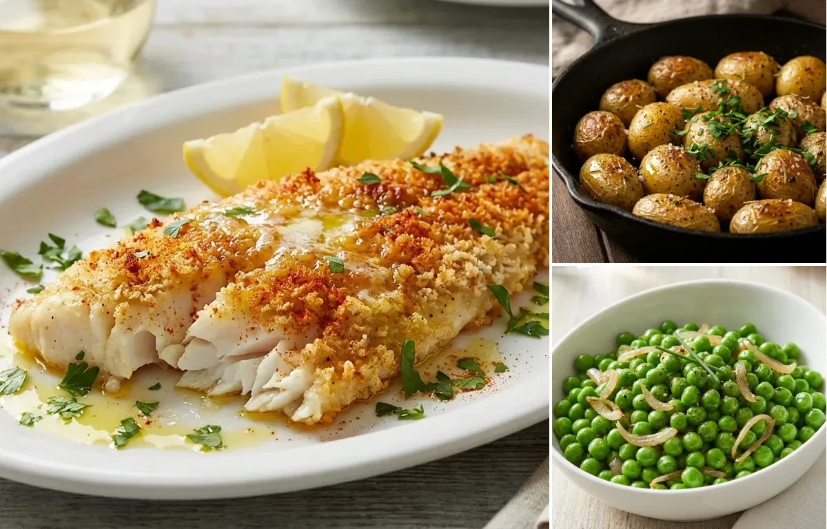 Broiled Scrod with Roasted Baby Potatoes and Buttered Peas