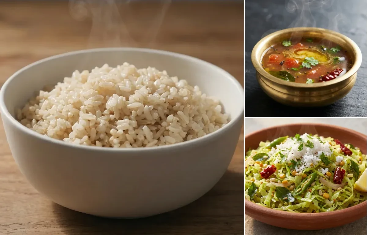 Brown Rice with Rasam and Cabbage Palya