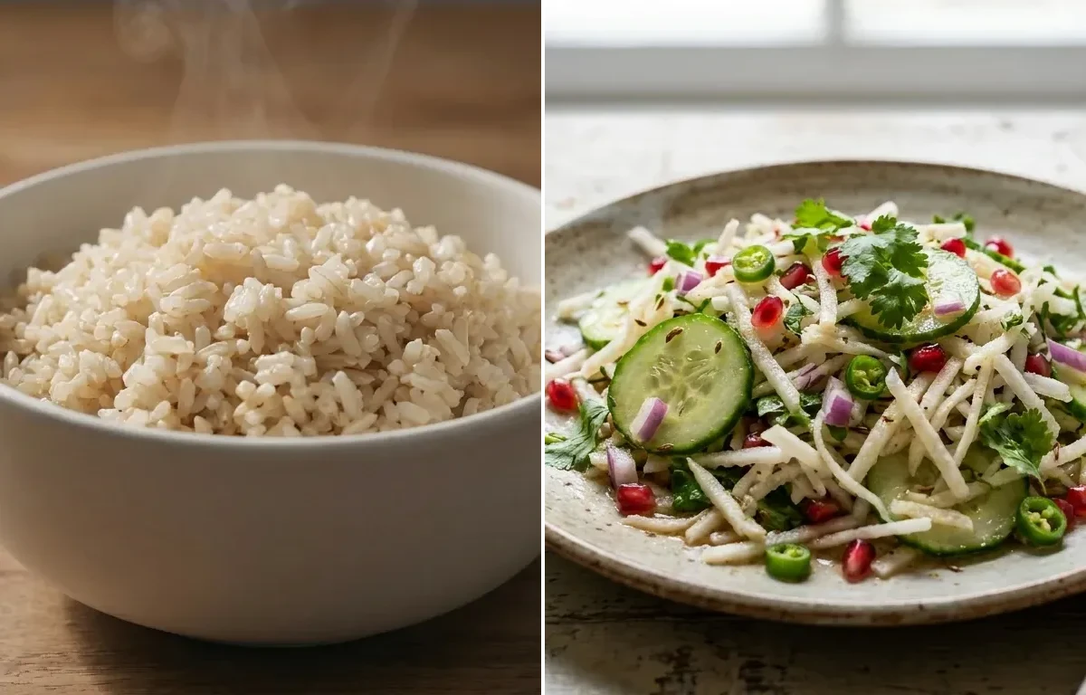 Steamed White Rice with Egg Bhurji Main, Beetroot Raita and Mooli Cucumber Salad