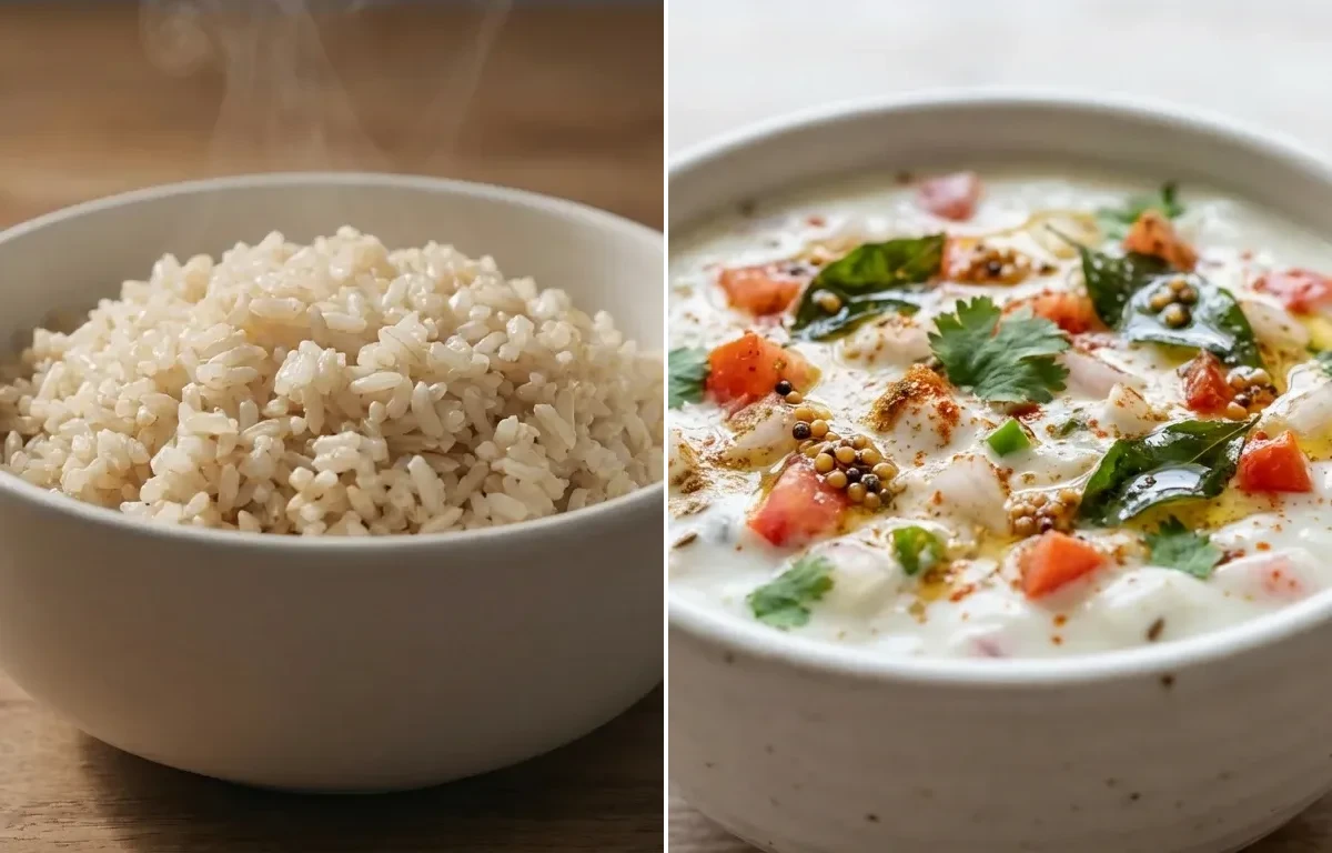 Steamed White Rice with Egg Bhurji Main, Onion Tomato Raita and Carrot Cucumber Salad