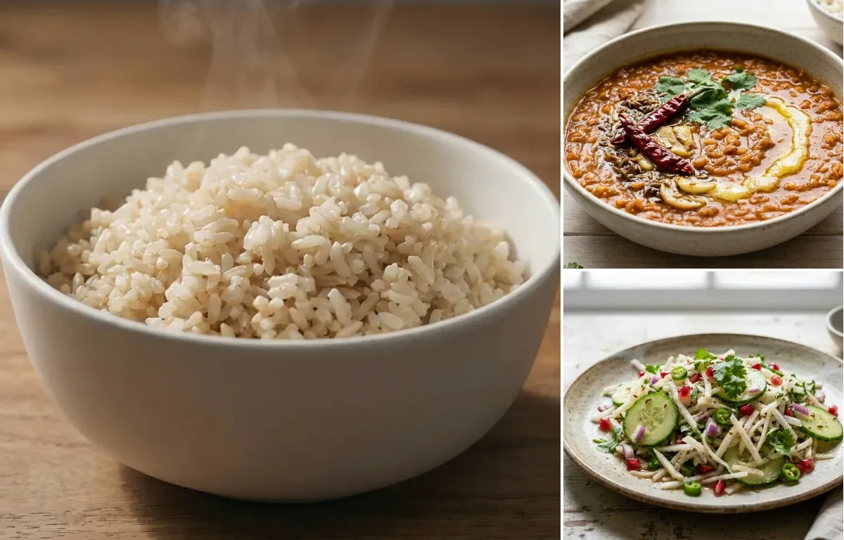 Brown Rice with Masoor Dal, Cabbage Peas Sabzi and Mooli Cucumber Salad