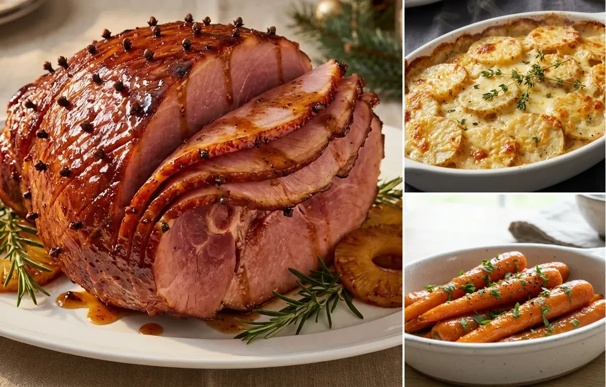 Brown Sugar Glazed Ham with Potatoes Au Gratin and Glazed Carrots