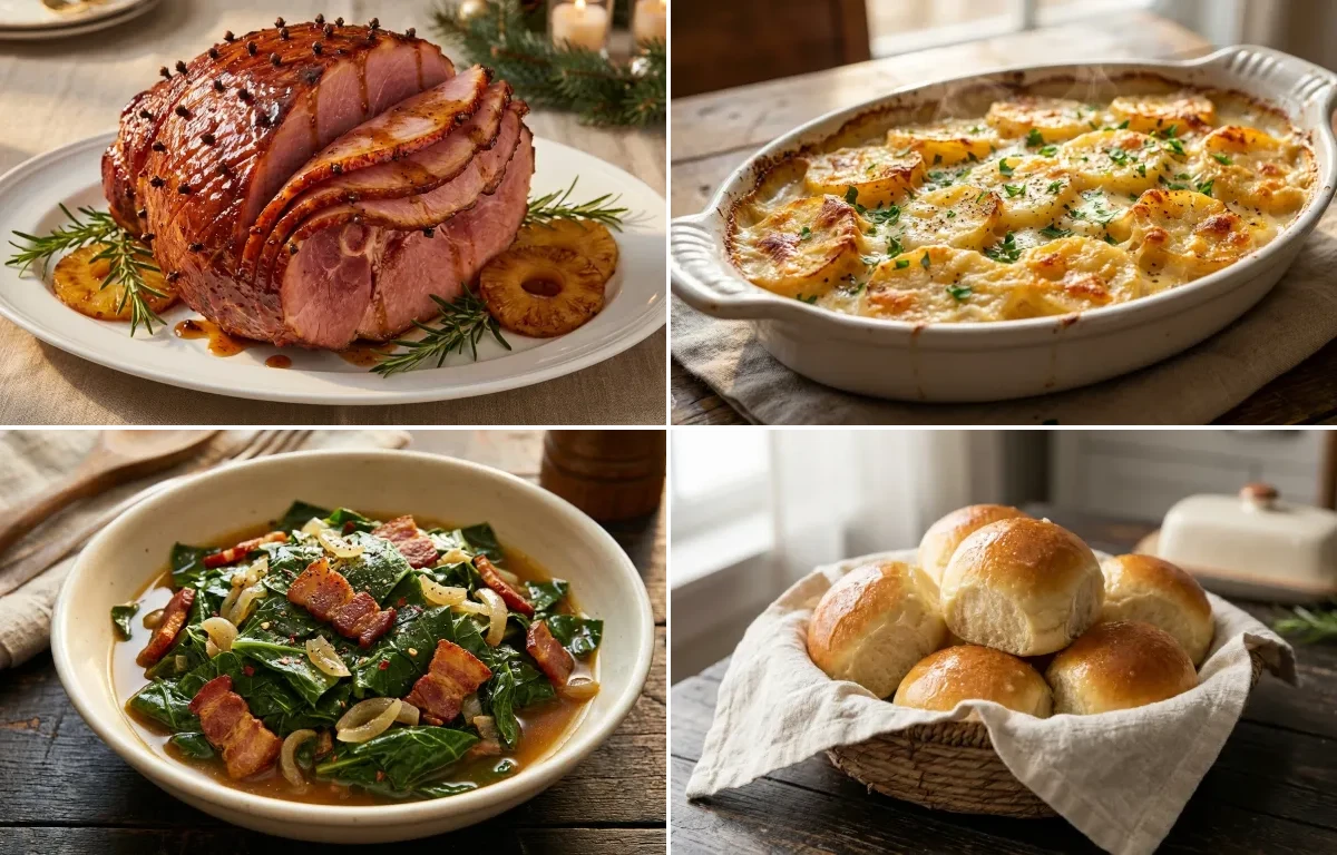 Brown Sugar Glazed Ham with Scalloped Potatoes, Collard Greens and Dinner Rolls