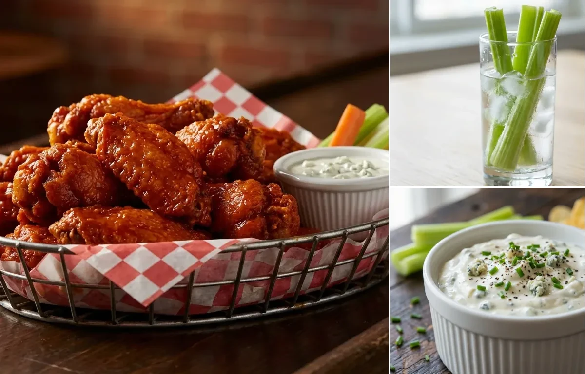 Buffalo Chicken Wings with Celery Sticks and Blue Cheese Dip