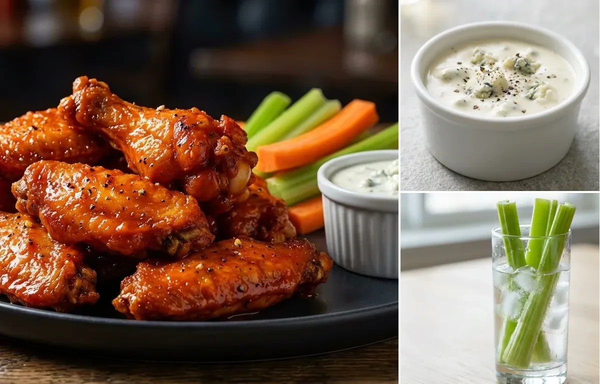 Buffalo Wings with Blue Cheese Dressing and Celery Sticks