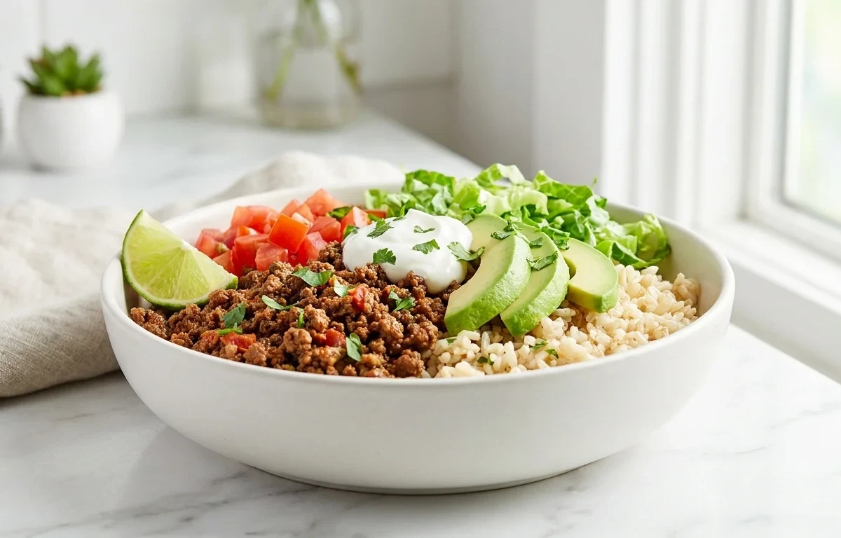 Build Your Own Taco Bowl with Rice Beans and Toppings