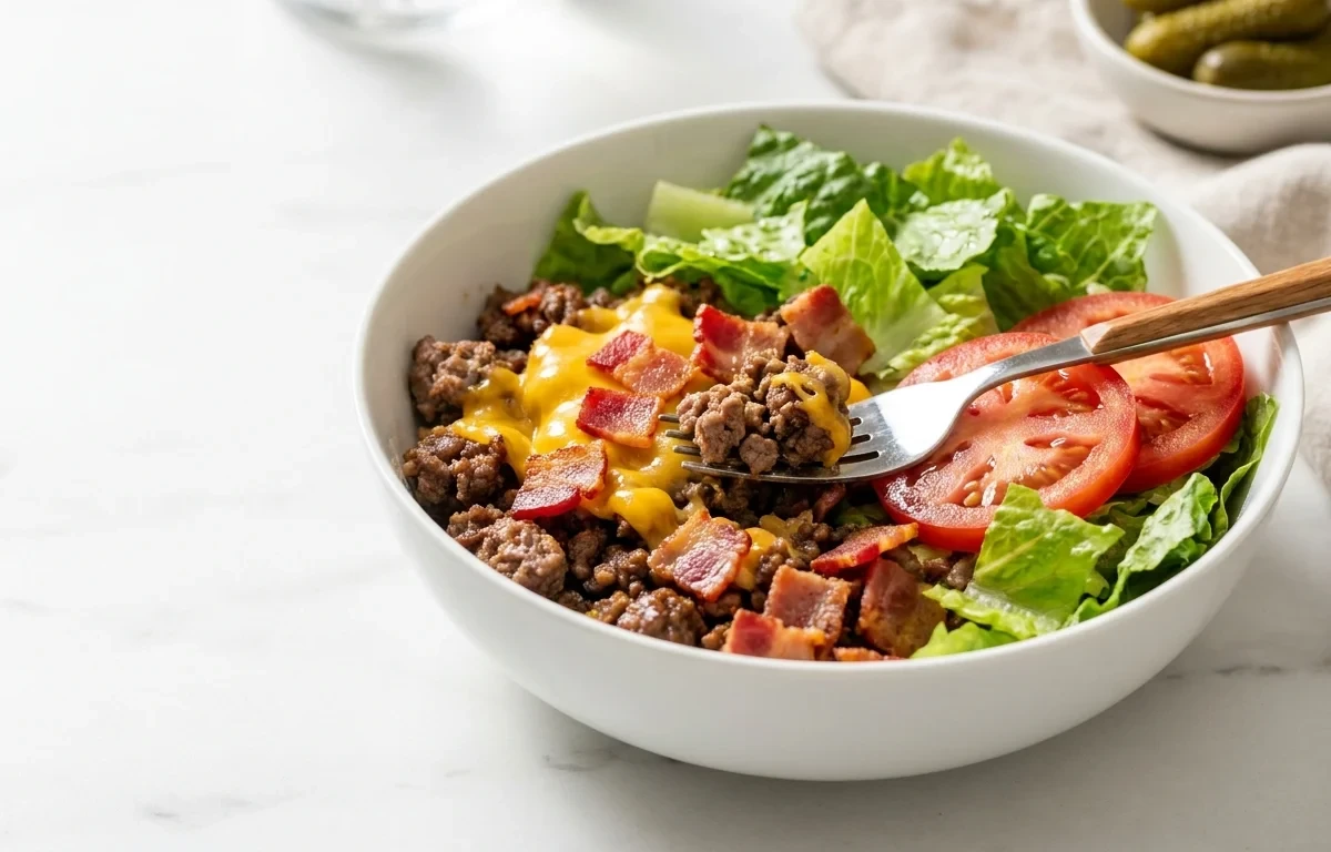 Bunless Burger Bowl with Cheese Bacon and Special Sauce