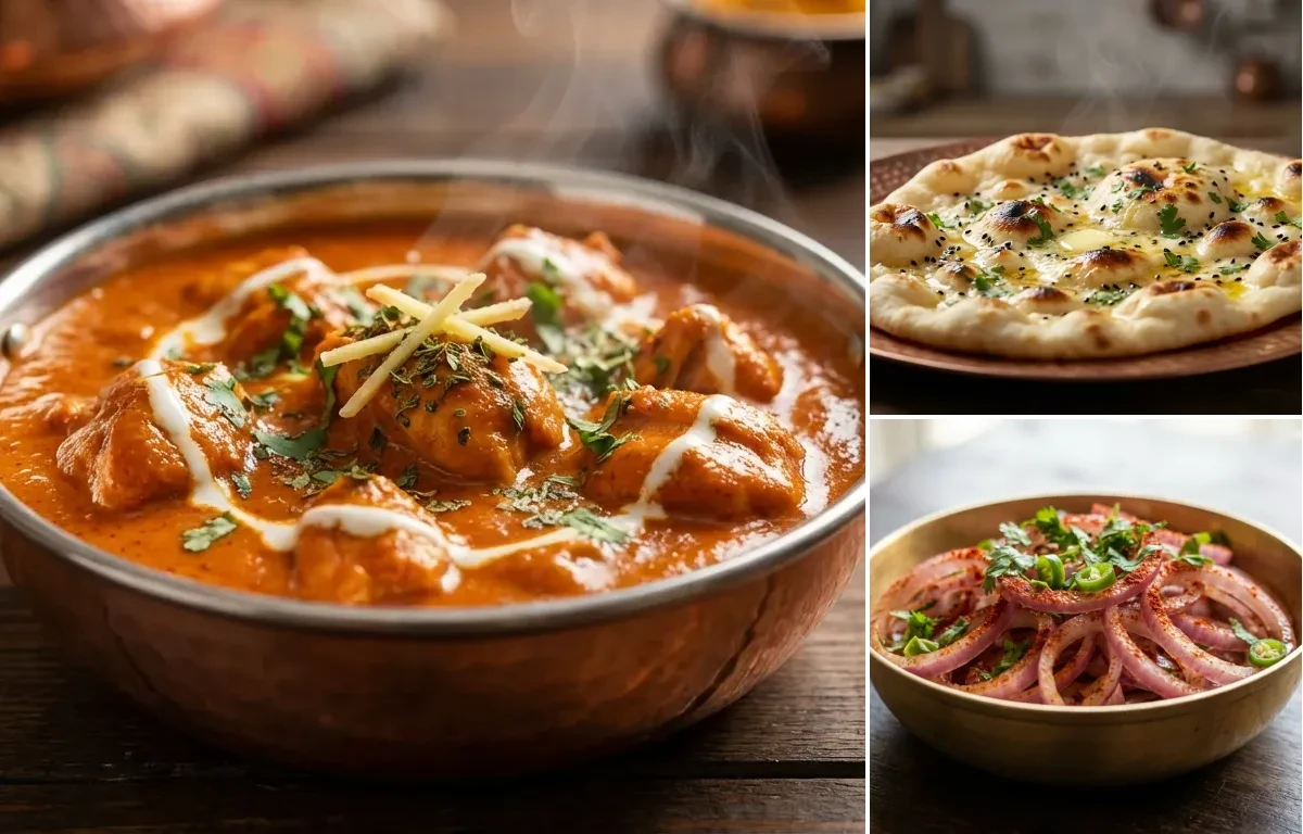 Butter Chicken with Butter Naan and Onion Salad