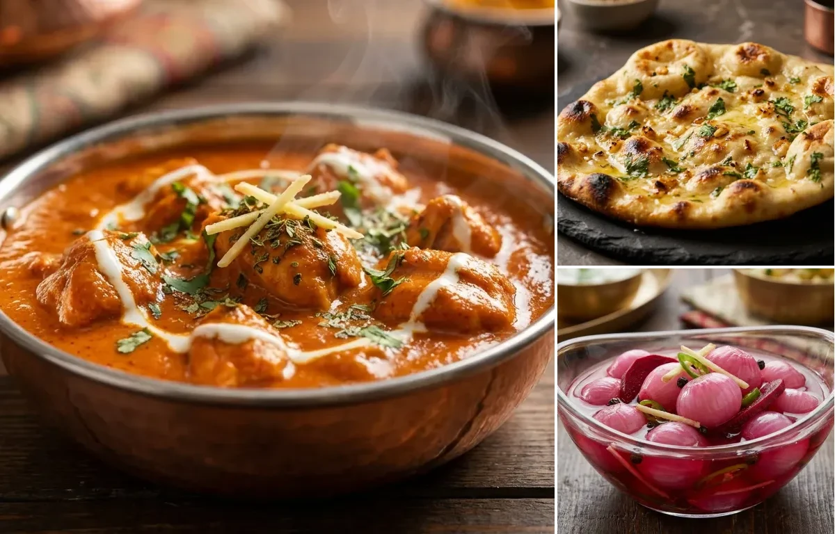 Butter Chicken with Garlic Naan and Sirke Wale Pyaaz