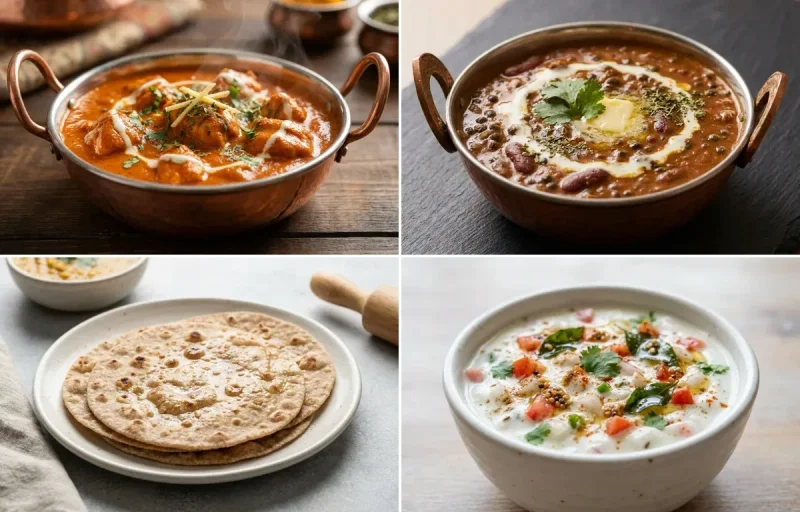 Butter Chicken with Dal Makhani, No-Salt Whole Wheat Roti and Onion Tomato Raita