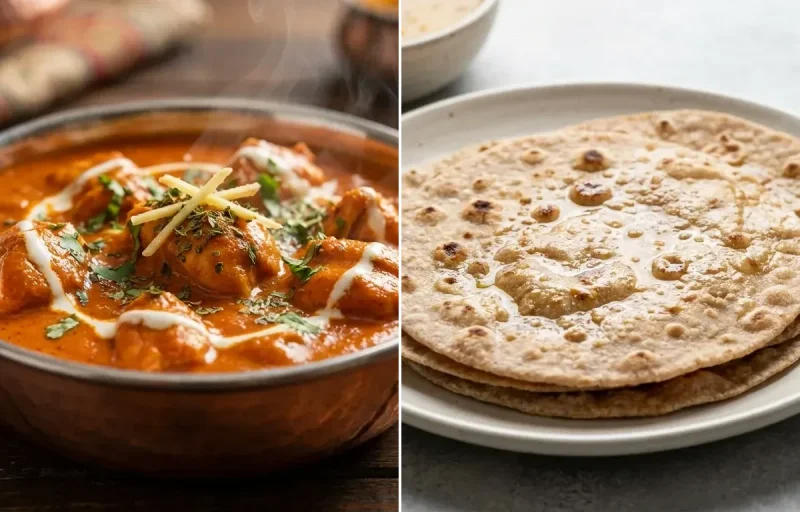 Butter Chicken with Paneer Stuffed Moong Dal Chilla, No-Salt Whole Wheat Roti and Onion Raita