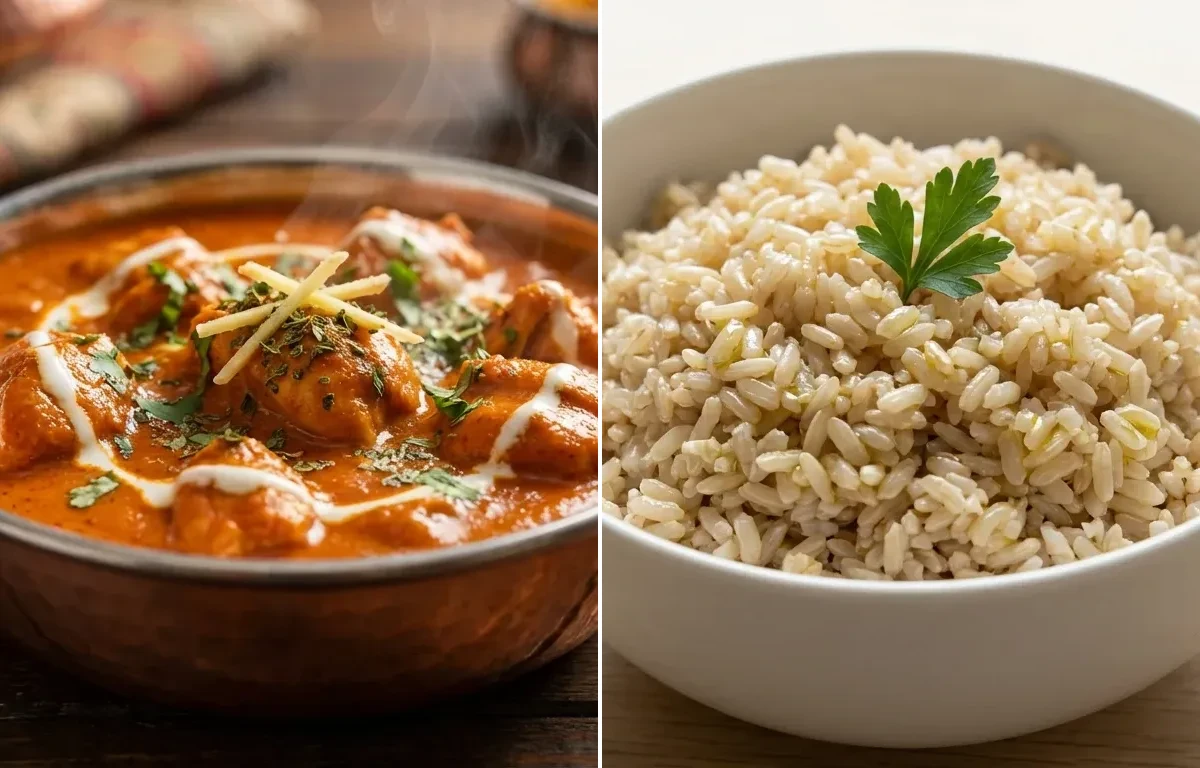 Butter Chicken with Steamed Steamed White Rice and Cucumber Carrot Sticks With Mint Yogurt Dip