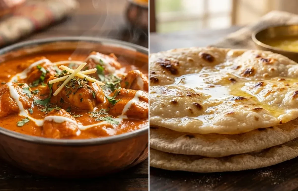 Butter Chicken with Urad Dal, Chapati and Cucumber Carrot Sticks With Mint Yogurt Dip