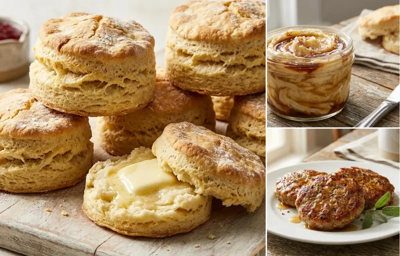 Buttermilk Biscuits with Sorghum Butter and Sausage Patties
