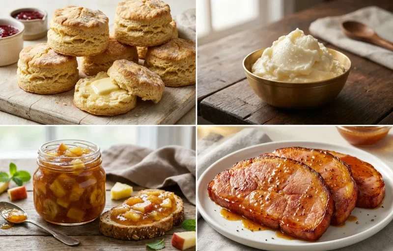 Buttermilk Biscuits with White Butter, Mixed Fruit Jam and Pan-Fried Ham Slices