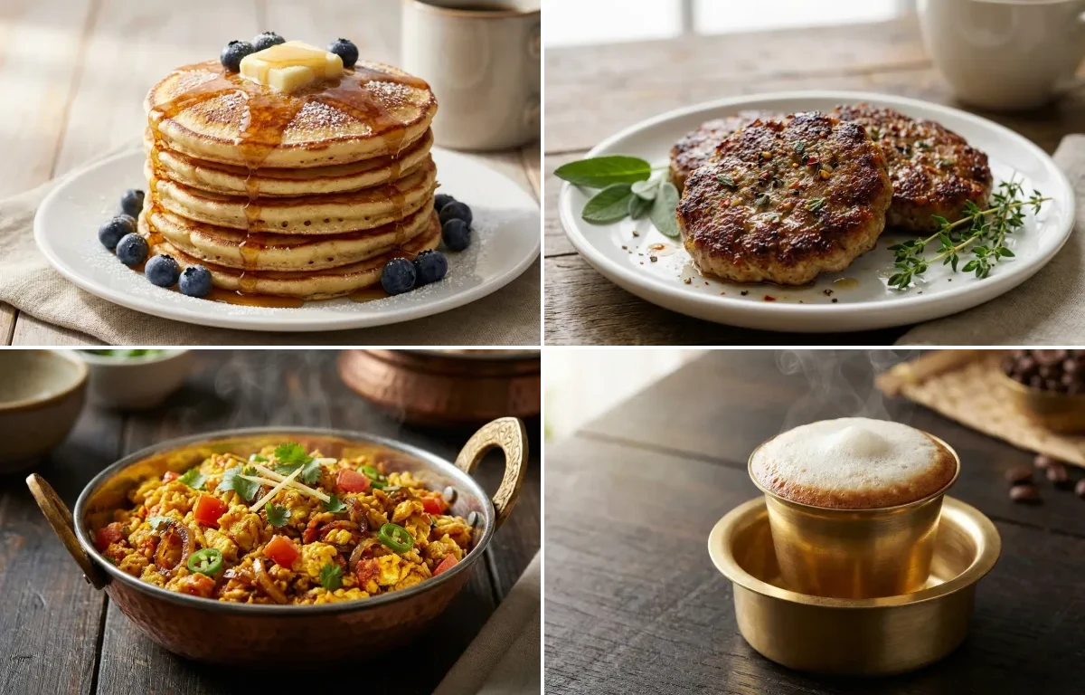 Buttermilk Pancakes with Breakfast Sausage Patties, Anda Bhurji and Filter Coffee