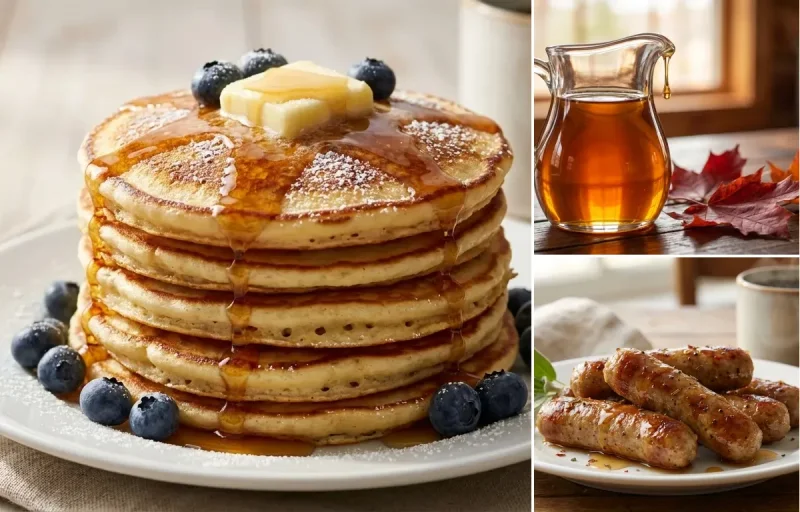 Buttermilk Pancakes with Maple Syrup and Breakfast Sausage Links