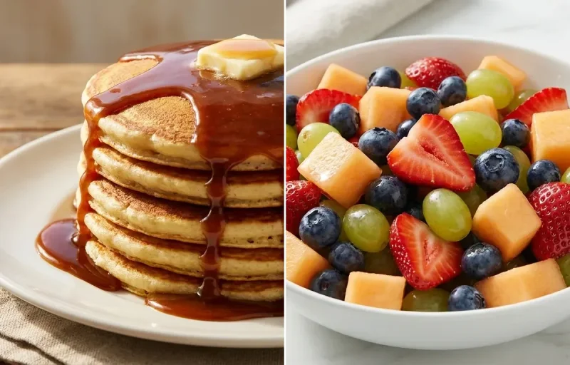 Buttermilk Pancakes with Cajeta Caramel Sauce with Side of Fruit