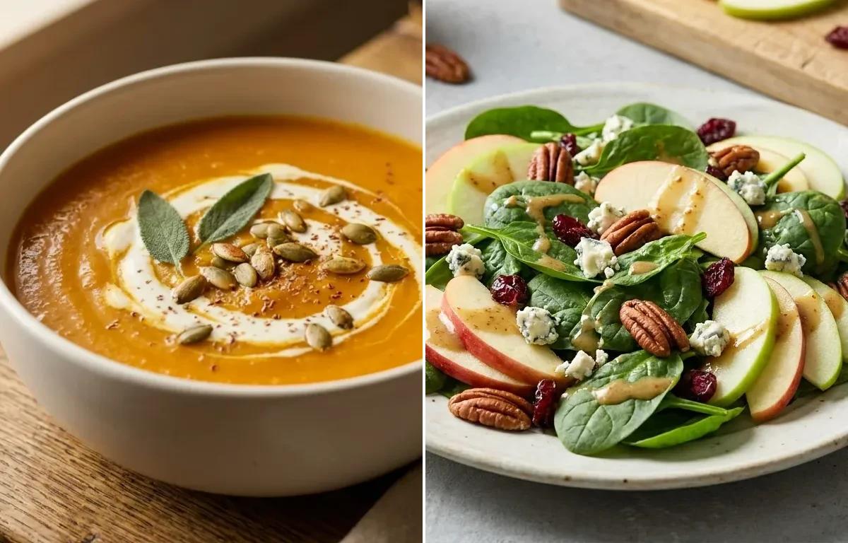 Butternut Squash Soup with Chicken Pesto Wrap and Spinach Apple Salad