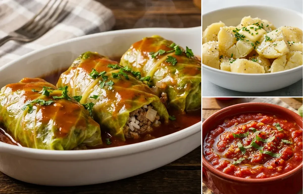 Cabbage Rolls with Boiled Potatoes and Tomato Sauce