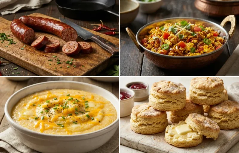 Cajun Andouille Sausage with Anda Bhurji, Southern Grits and Buttermilk Biscuits