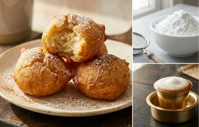 Calas with Powdered Sugar and Filter Coffee