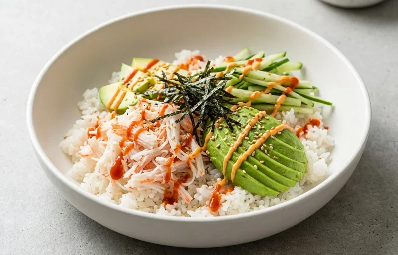 California Roll Bowl with Hard Boiled Eggs And Fruit